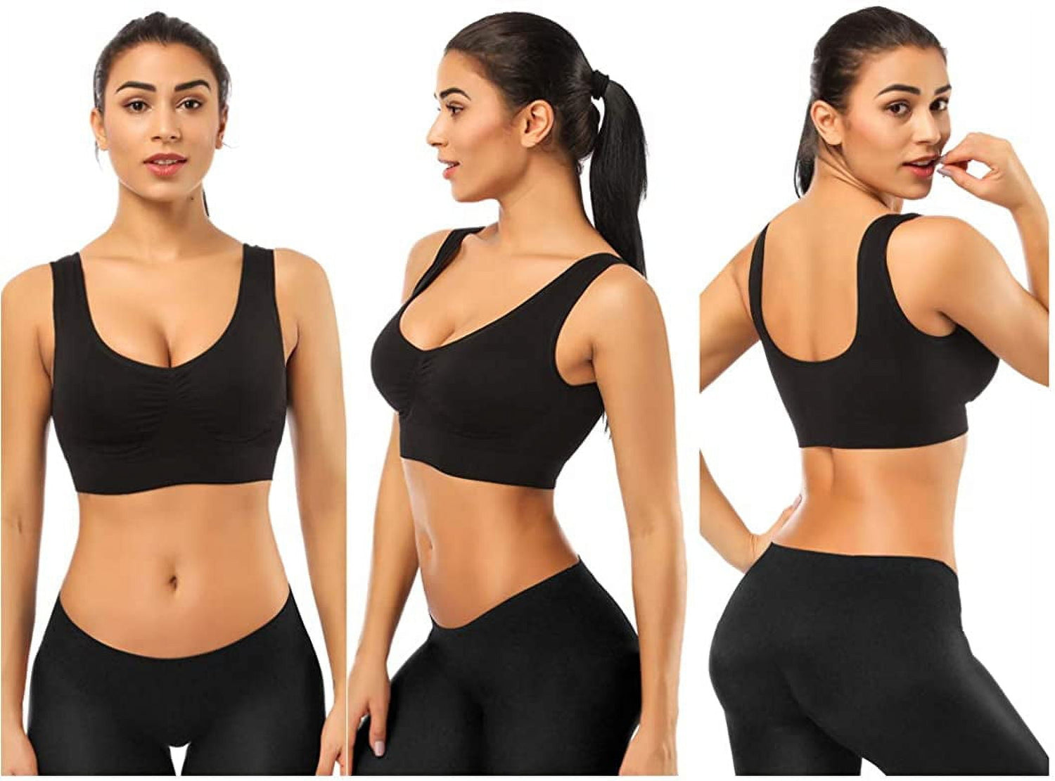 3 Pack Sports Bras for Women,Seamless Comfortable Bras Set with Removable Pads for Sleep,Pull on Closure,Black,Xl