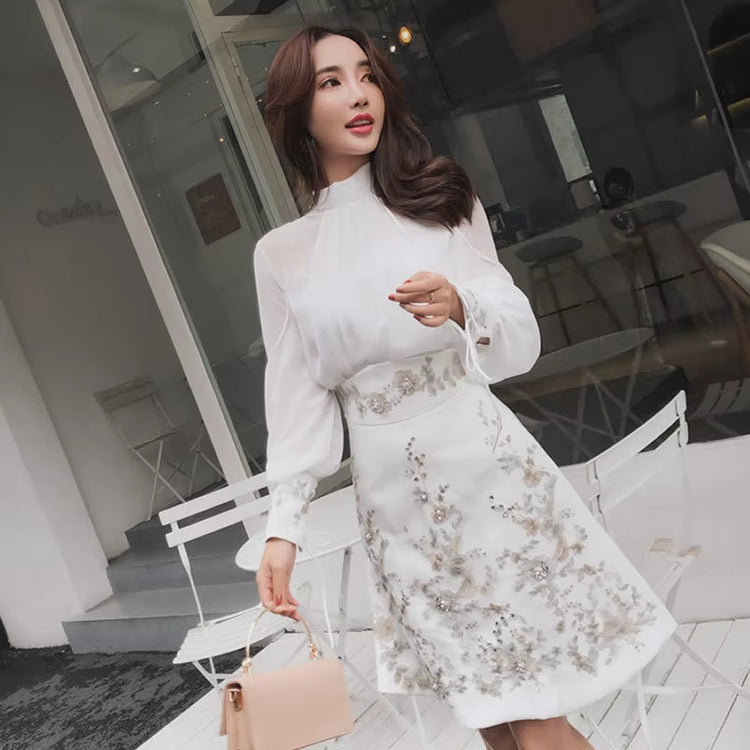 Runway Designer Spring Skirt Suits Chiffon Stand Collar White Bow Shirt Women Suits + Vintage Embroidery Diamonds a Line Suits