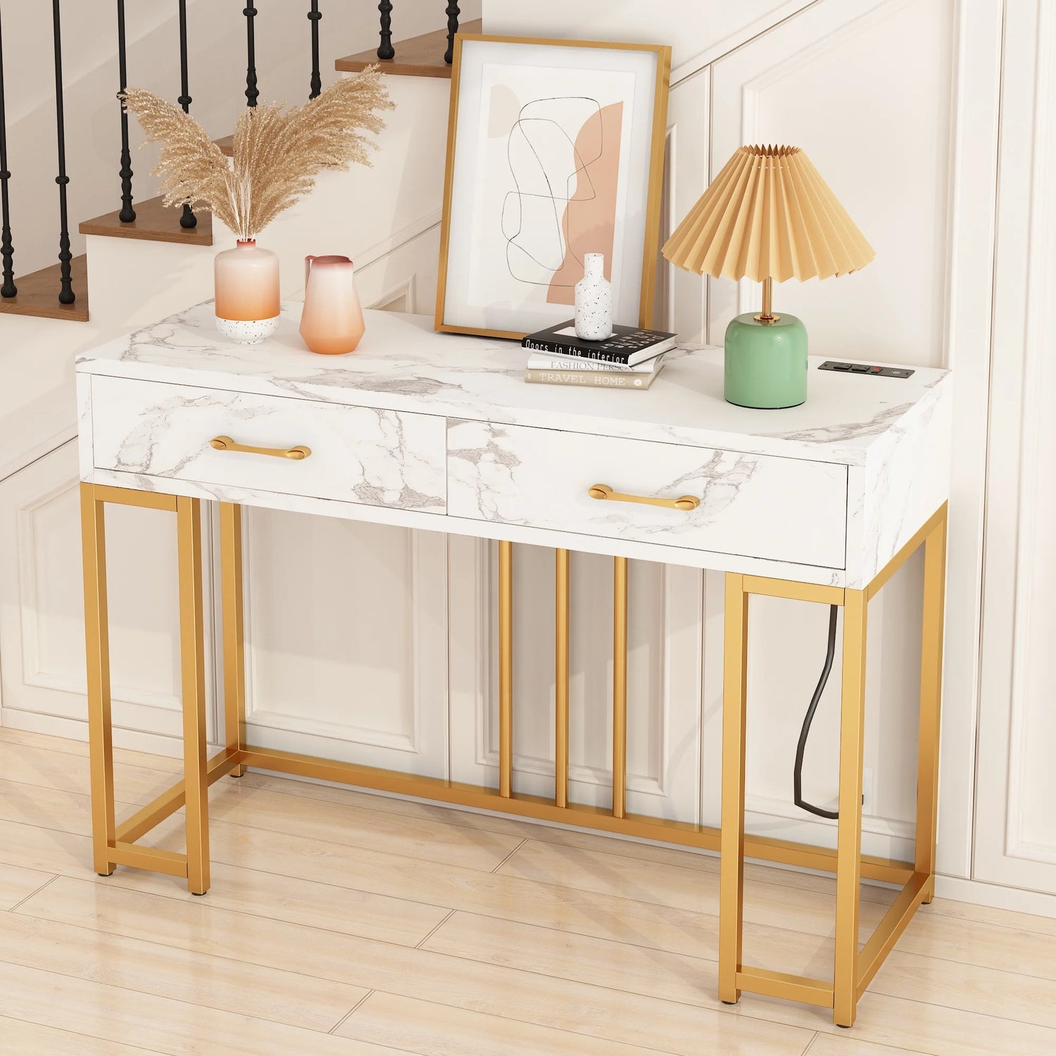 Console Table Modern Entryway with Storage Drawers Outlets USB, Narrow Faux Marble Sofa Coffee Desk, Home Furniture Decor Indoor,Gold & White