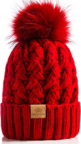 Womens Winter Ribbed Beanie Crossed Cap Chunky Cable Knit Pompom Soft Warm Hat