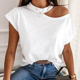 Hot Women Casual T-Shirt Short Sleeve One Shoulder Mock Neck Halter Loose Top Shoulder Mock Neck Halter Loose Tshirts Top