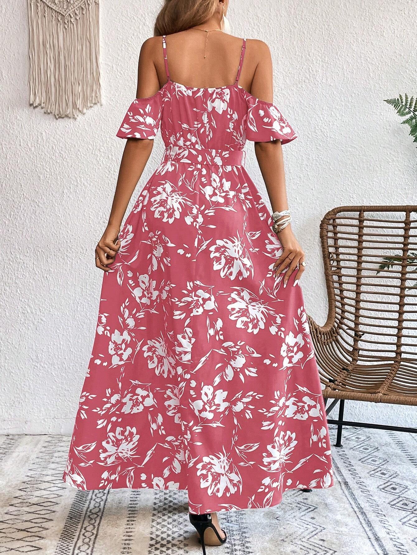 VCAY Summer Woman Floral Print Cold Shoulder Wrap Hem Belted Dress