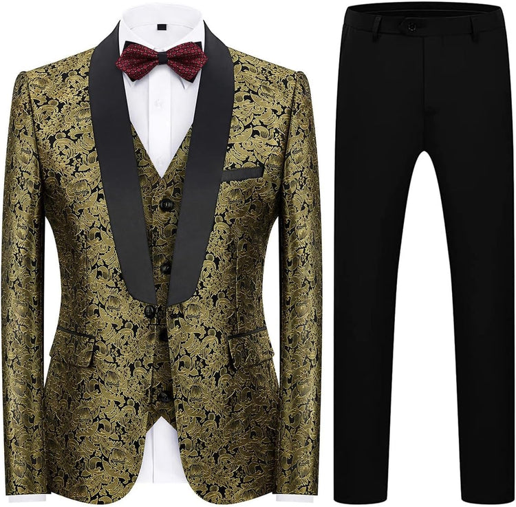 Mens Tuxedo Suits Slim Fit 3 Piece Formal Skinny Tuxedo Suit Set Shawl Lapel Paisley Suits Men for Wedding Prom