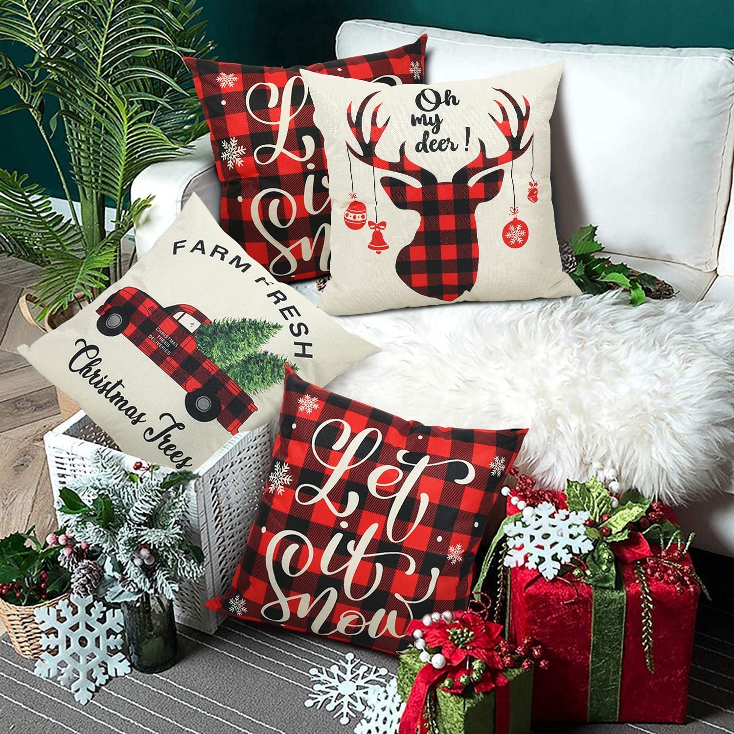 Christmas Pillow Covers 18X18 Set of 4 Christmas Pillows Decorative Throw Pillows Covers Farmhouse Red Buffalo Plaid Pillow Covers for Couch Sofa Christmas Decorations Holiday Pillow Cases