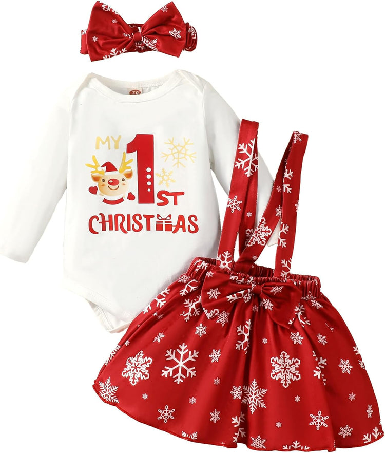 Newborn Baby Girl Christmas Outfits My 1St Christmas Romper+Suspender Skirt +Headband Overall Clothes Set