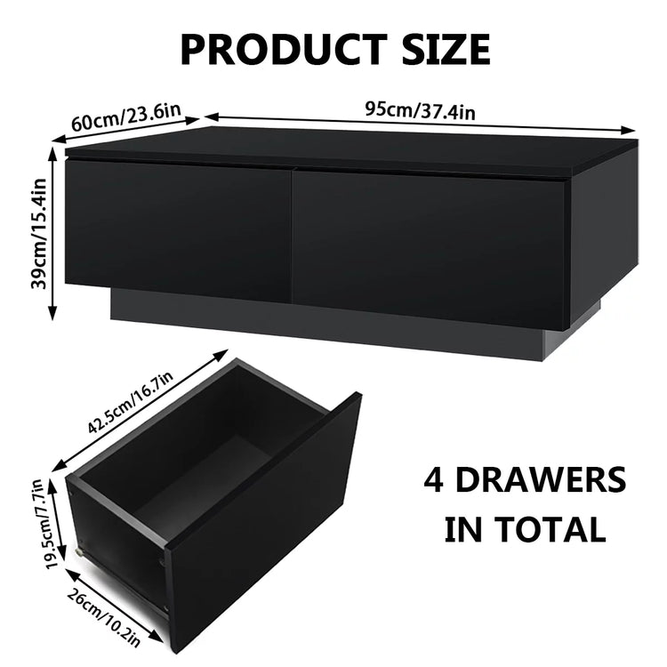 LED Coffee Table with 4 Drawers Center Cocktail Side Table Black High Gloss Finish.