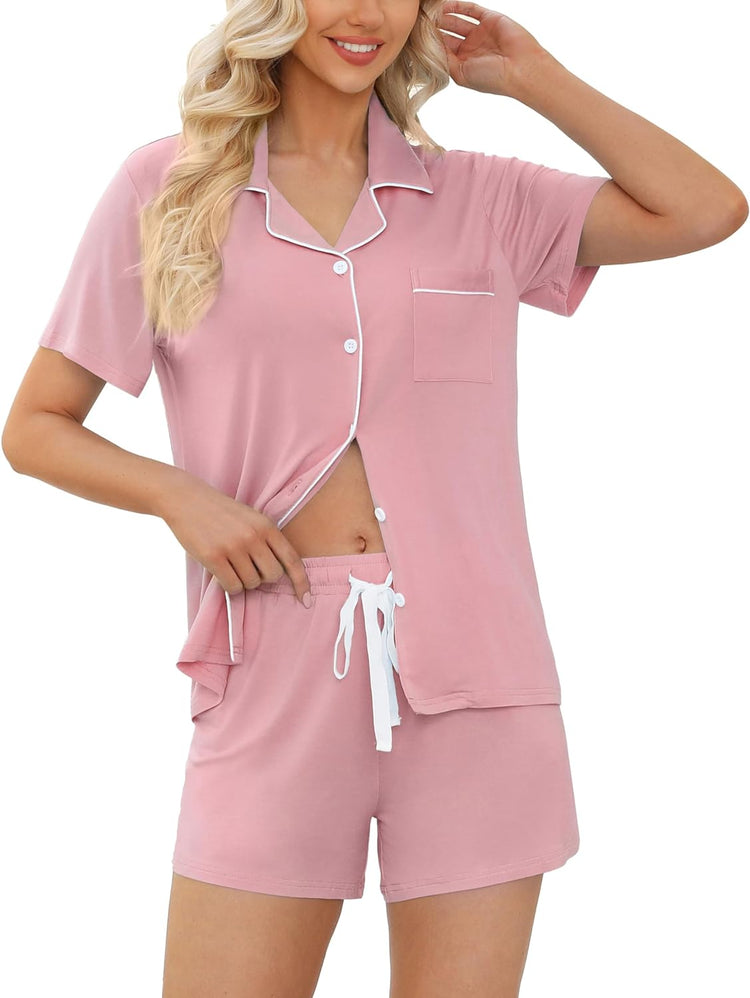 Womens Pajamas Set Short Sleeve Sleepwear Button down Nightwear Shorts Soft Pj Sets S-XXL