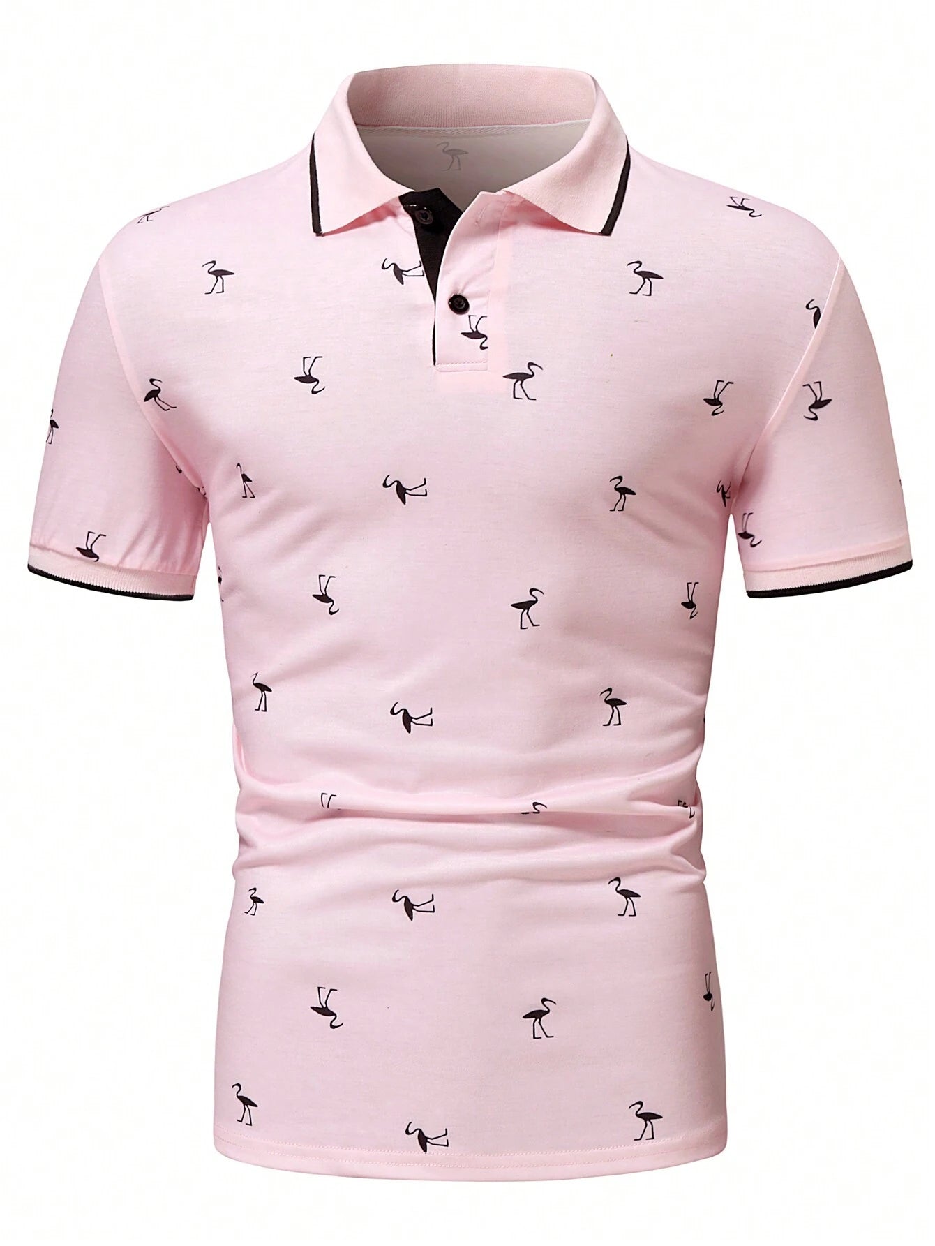 Manfinity Homme Men Tropical Print Contrast Trim Polo Shirt , Button up Collar Light Pink Polo Shirt , Work Business Casual Boyfriend Gift