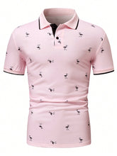 Manfinity Homme Men Tropical Print Contrast Trim Polo Shirt , Button up Collar Light Pink Polo Shirt , Work Business Casual Boyfriend Gift