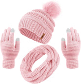 Womens Winter Warm Sets Knitted Fur Pompoms Beanie Hat Circle Loop Scarf Touch Screen Gloves Winter Favor Accessories