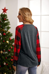 Merry Christmas Shirts for Women Gnomes T-Shirt Lights Plaid Splicing Raglan Long Sleeve Tee Xmas Holiday Pullover Top