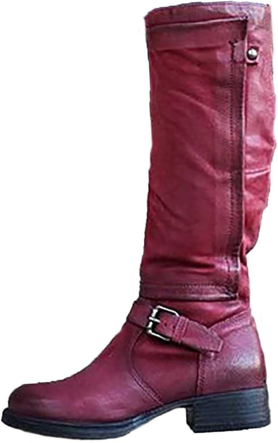 Boots for Women Knee High - Fashion Belt Buckle Side Zipper Chunky Low Heel round Toe High Boots Solid Casual Comfortable Square Heel Shoes