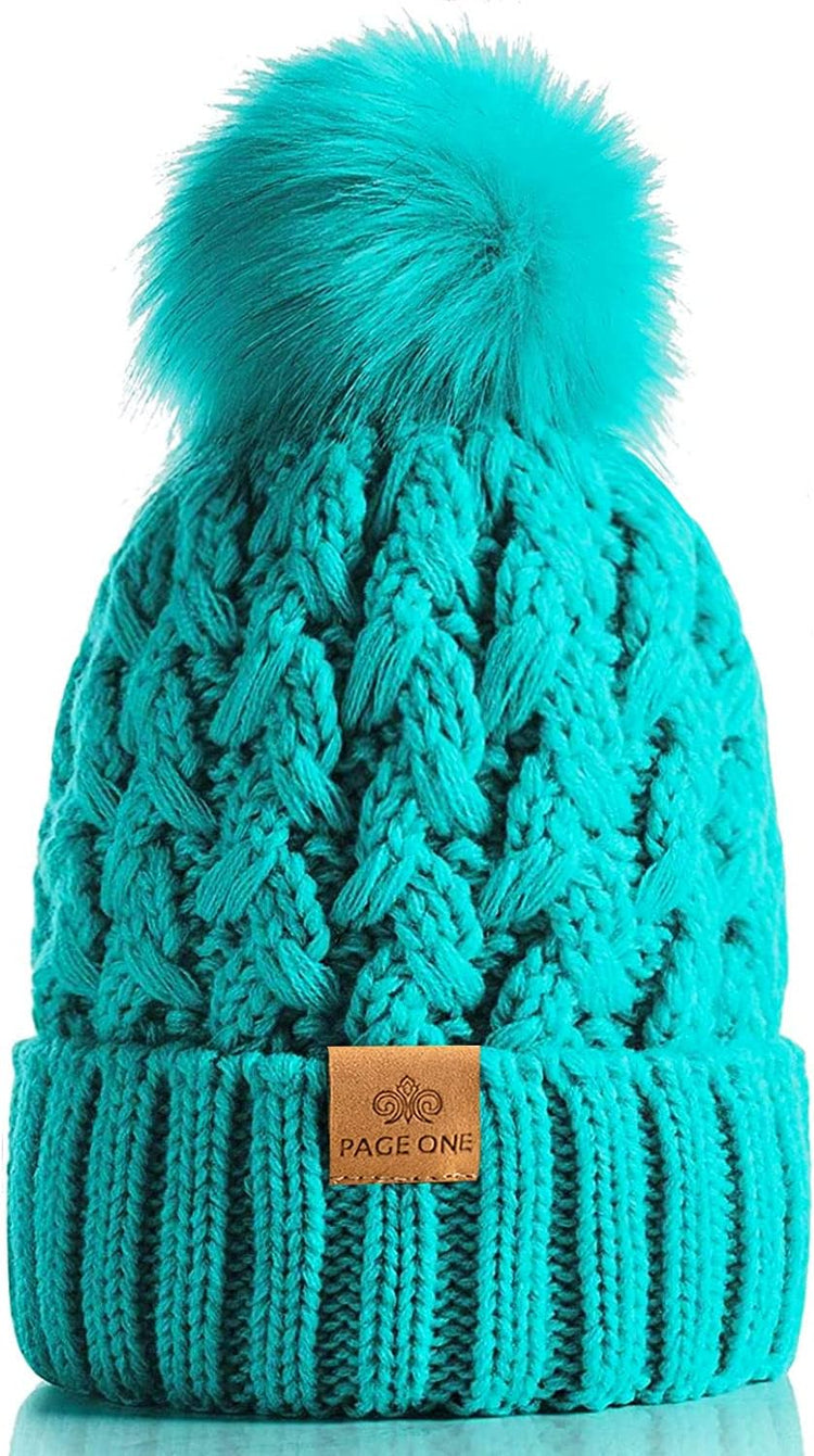 Womens Winter Ribbed Beanie Crossed Cap Chunky Cable Knit Pompom Soft Warm Hat