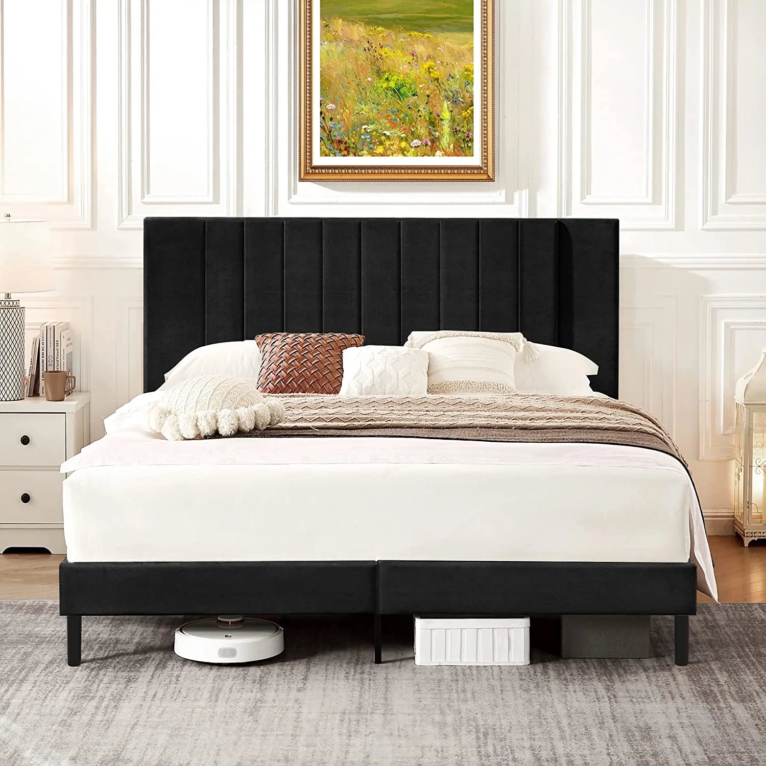 Queen Bed Frame Upholstered Bed Frame with Vertical Channel Tufted Complete High Headboard, Black.