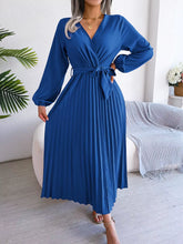 Women Spring Summer Cross Solid Color V Neck Large Hem Pleated Long Dress for Fashion