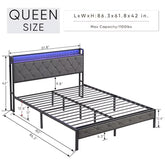 King Bed Frame with Storage Headboard, Charging Station and LED Lights, Upholstered Platform Bed with Metal Slats, Noise Free