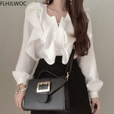 2021 Female Fashion Korea Chic Tops Blusas Women Long Sleeve Elegant Basic Wear Office Lady Work Bow Tie Shirt Blouses