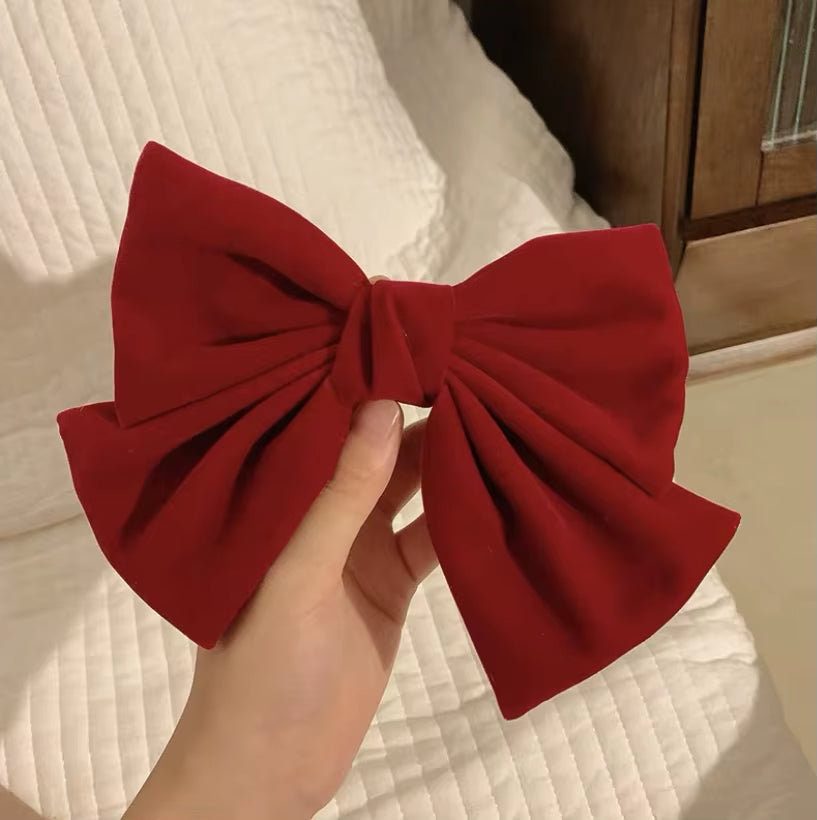 Winter Red Velvet Chain Big Bow Barrette for Woman Girls Back Head Headdress Korean Top Clip Hairpin Bridal Hair Accessories