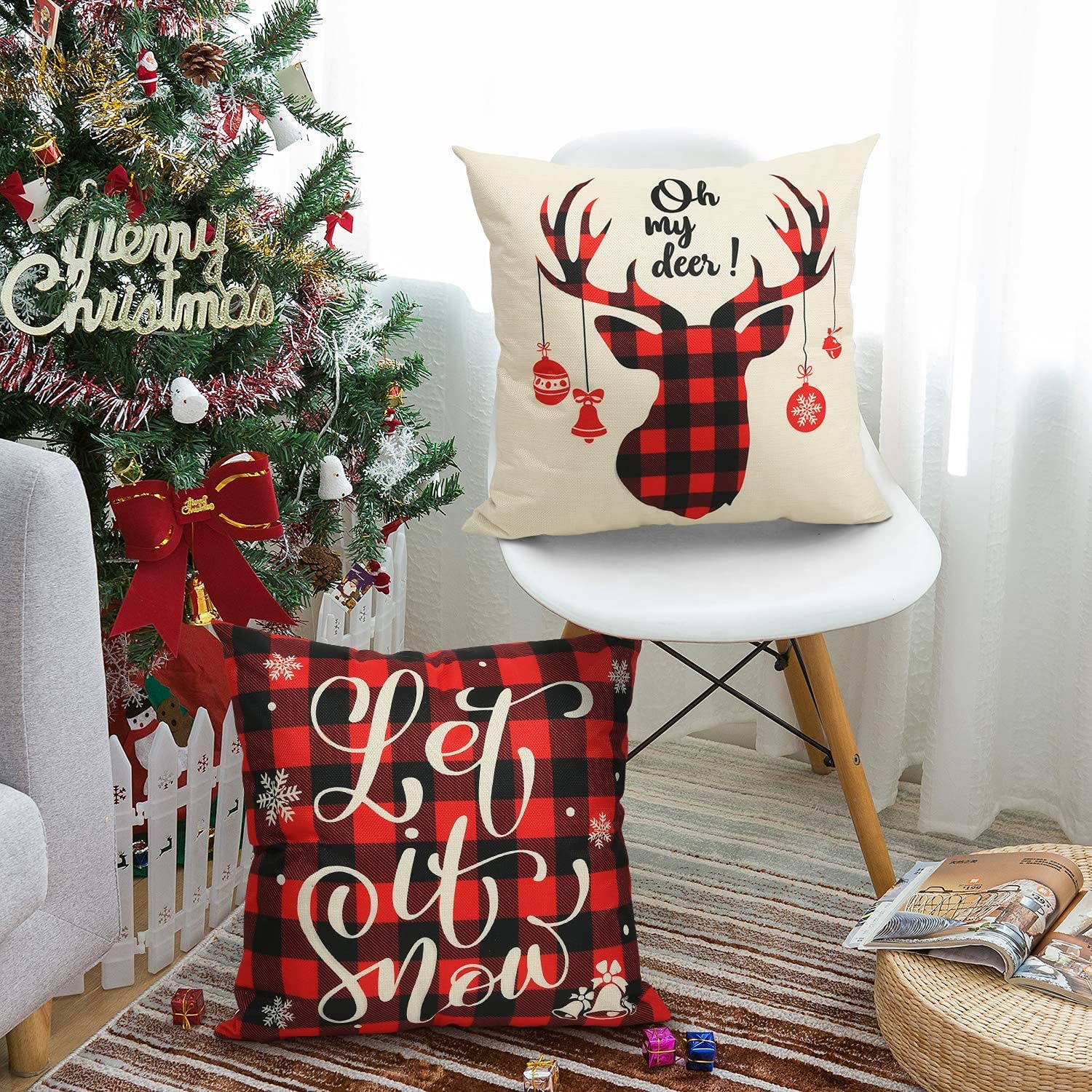 Christmas Pillow Covers 18X18 Set of 4 Christmas Pillows Decorative Throw Pillows Covers Farmhouse Red Buffalo Plaid Pillow Covers for Couch Sofa Christmas Decorations Holiday Pillow Cases