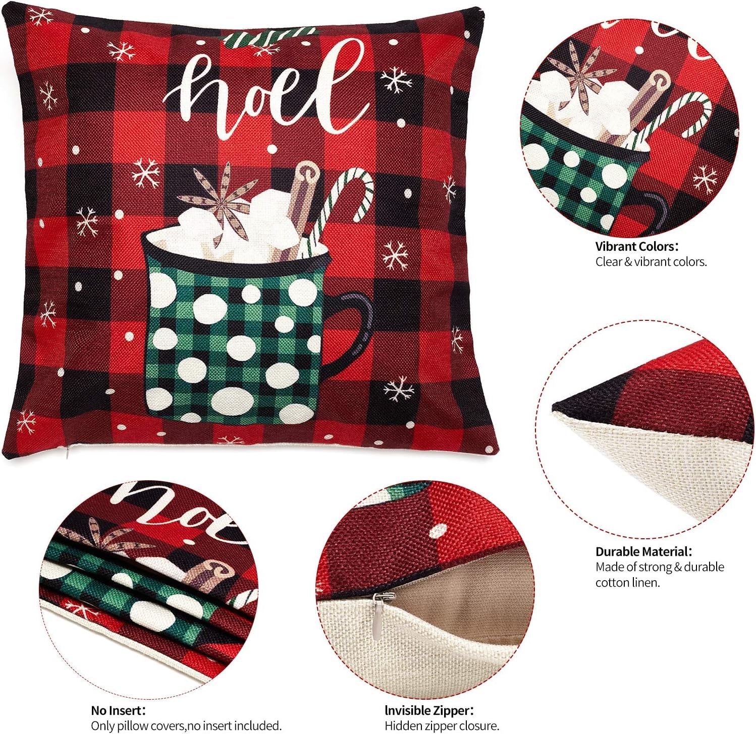 Christmas Throw Pillow Covers 18X18 Inch Set of 4 Farmhouse Christmas Tree Red Buffalo Plaid Check Pillow Covers Winter Holiday Decorative Pillowcase Cotton Linen Farmhouse Cushion Case for Sofa Couch