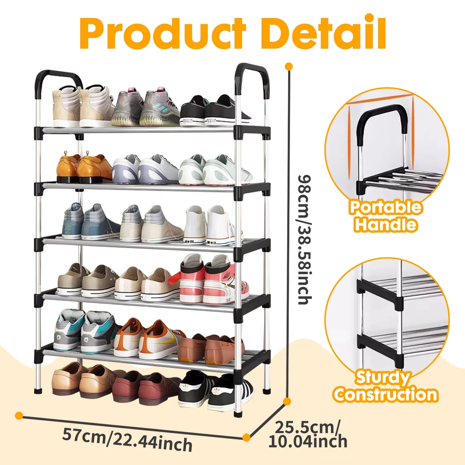 5 Tier Shoe Rack, Stackable Metal 15 Pairs Shoes Organizer Storage Shelf for Closet Door Entryway.