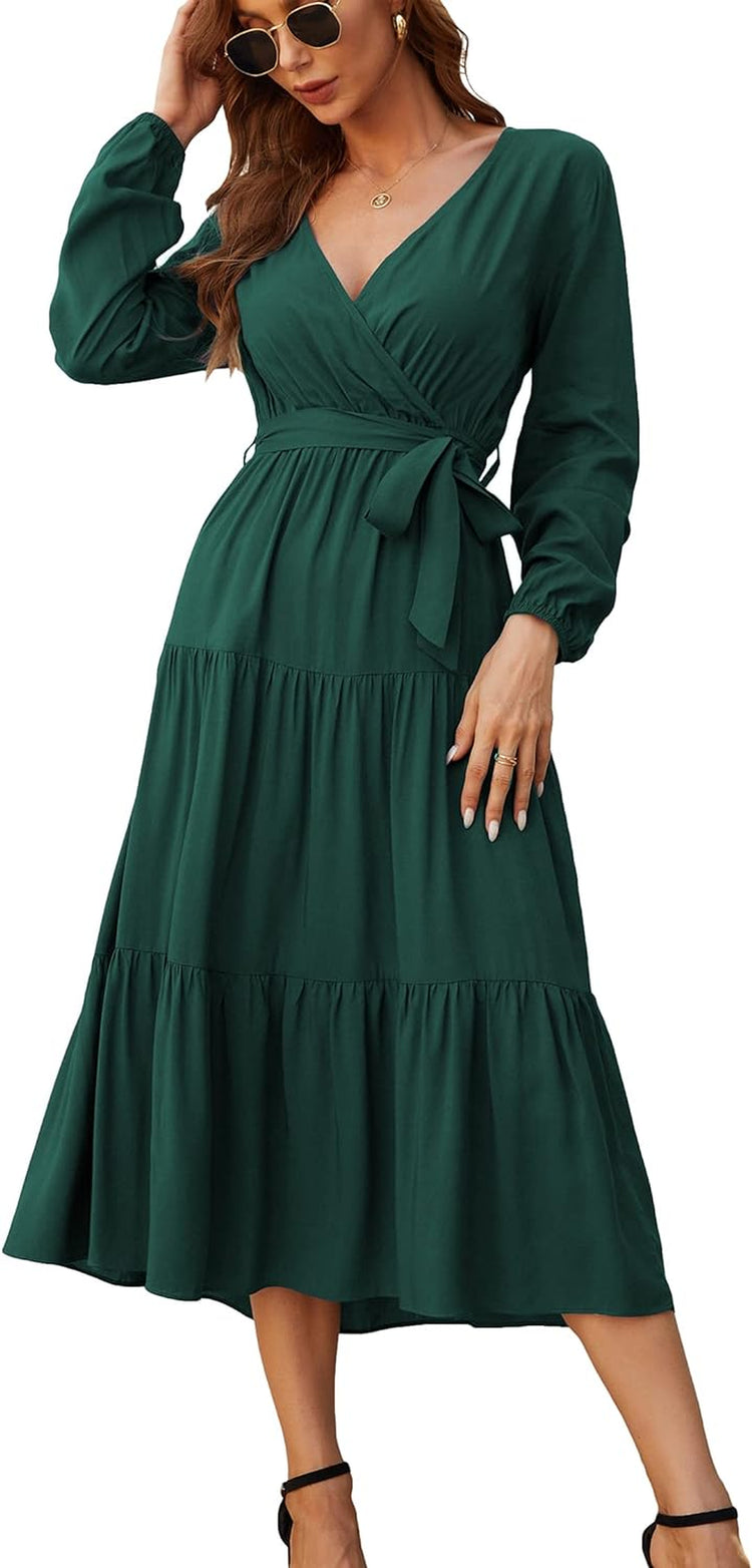 Womens V Neck Long Sleeve Casual a Line Tiered Fall Vintage Party Midi Long Maxi Dress with Belt