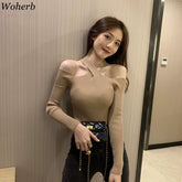 Y2K 2024 Spring Autumn Sexy Hollow Off-Shoulder Knitted Tops Solid Ladies Korean Clothes Sweater Pullovers Jumper