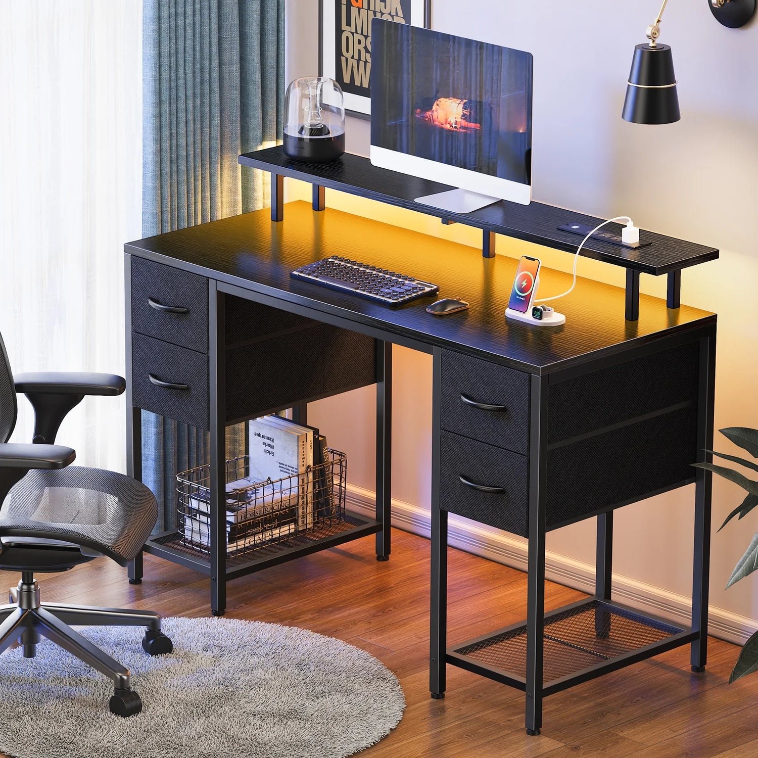 55.1" LED Gaming Desk with Drawers, Computer Desk with Outlets, Office Desk with 4 Drawers, Corner Desk, Writing Desk in Brown