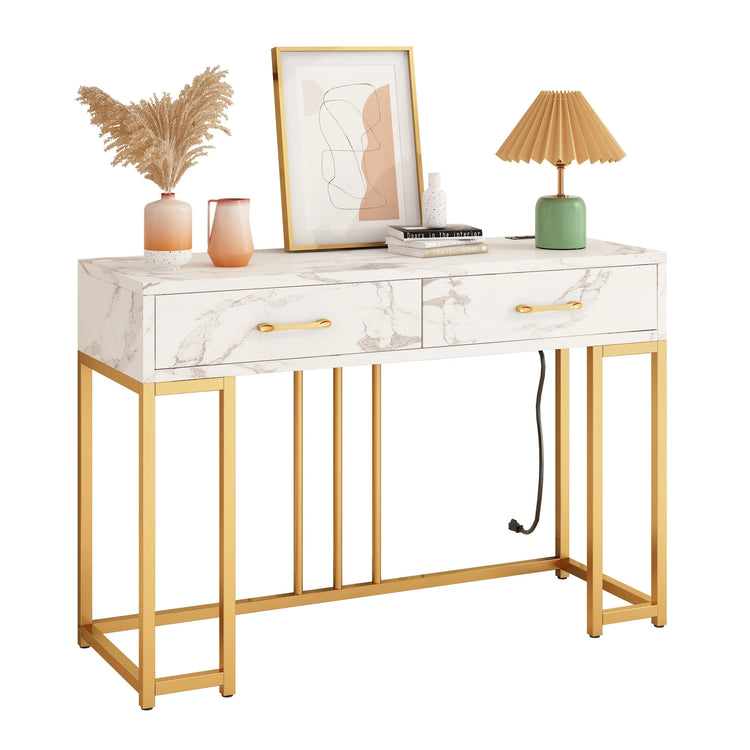 Console Table Modern Entryway with Storage Drawers Outlets USB, Narrow Faux Marble Sofa Coffee Desk, Home Furniture Decor Indoor,Gold & White