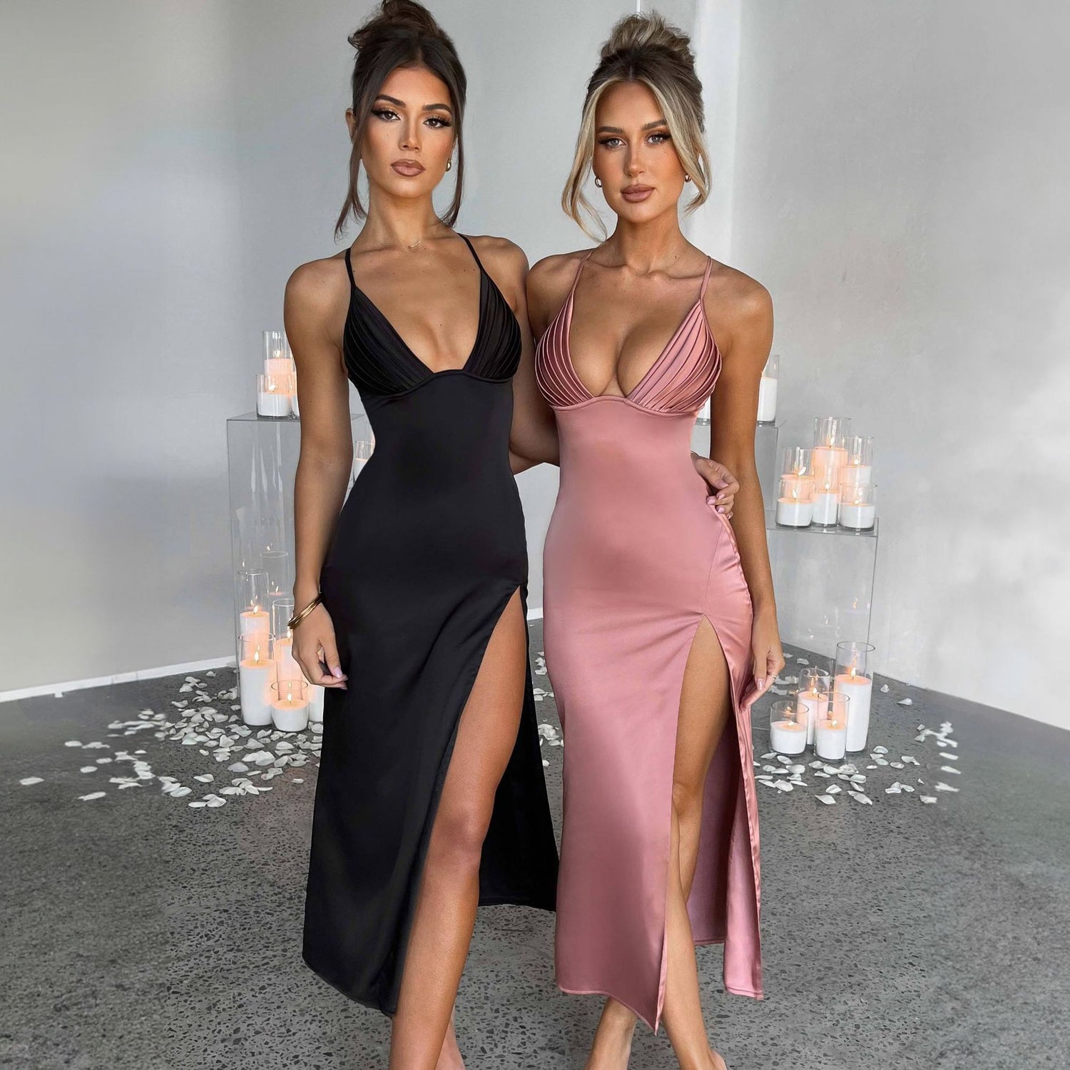 Spaghetti Strap Dress with Split Design Deep V-Neck Sleeveless Backless Bodycon Party Dresses for Womens Clothing