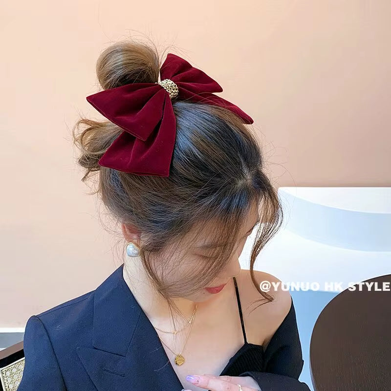 Winter Red Velvet Chain Big Bow Barrette for Woman Girls Back Head Headdress Korean Top Clip Hairpin Bridal Hair Accessories