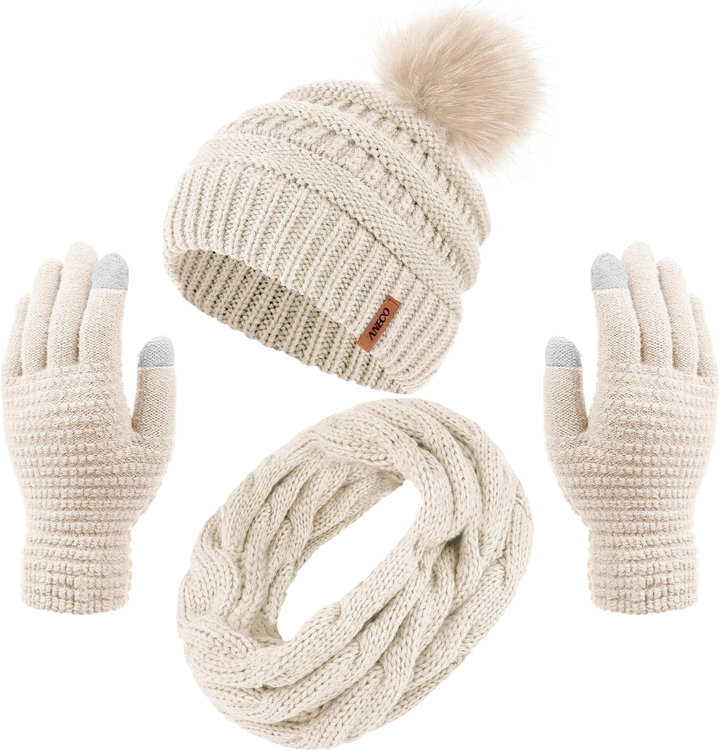 Womens Winter Warm Sets Knitted Fur Pompoms Beanie Hat Circle Loop Scarf Touch Screen Gloves Winter Favor Accessories