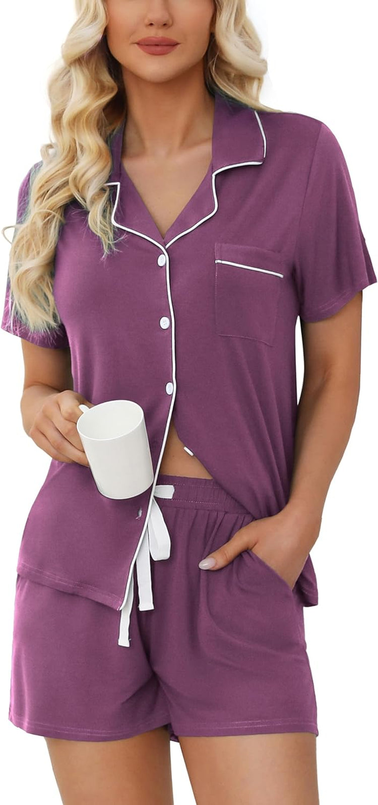 Womens Pajamas Set Short Sleeve Sleepwear Button down Nightwear Shorts Soft Pj Sets S-XXL