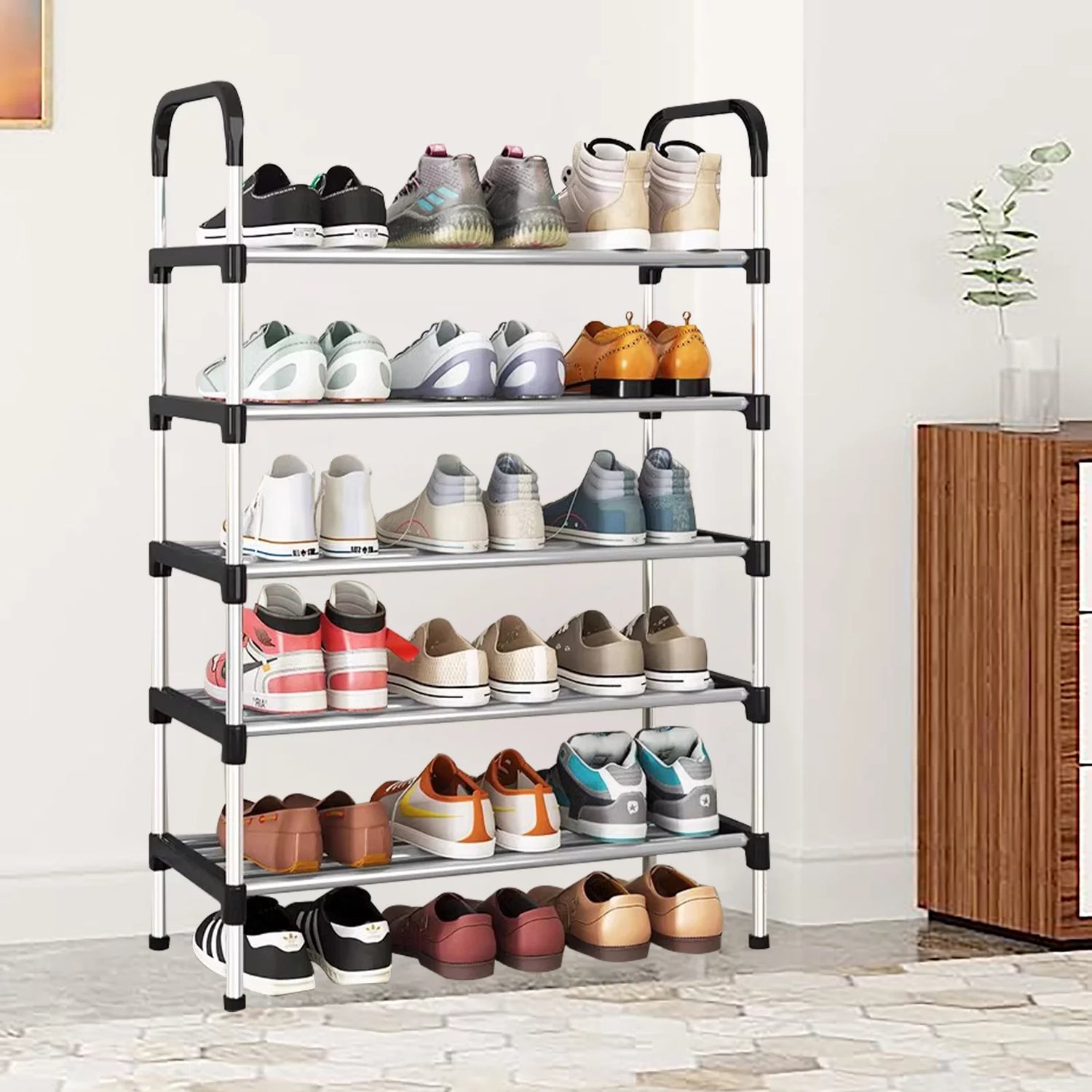 5 Tier Shoe Rack, Stackable Metal 15 Pairs Shoes Organizer Storage Shelf for Closet Door Entryway.