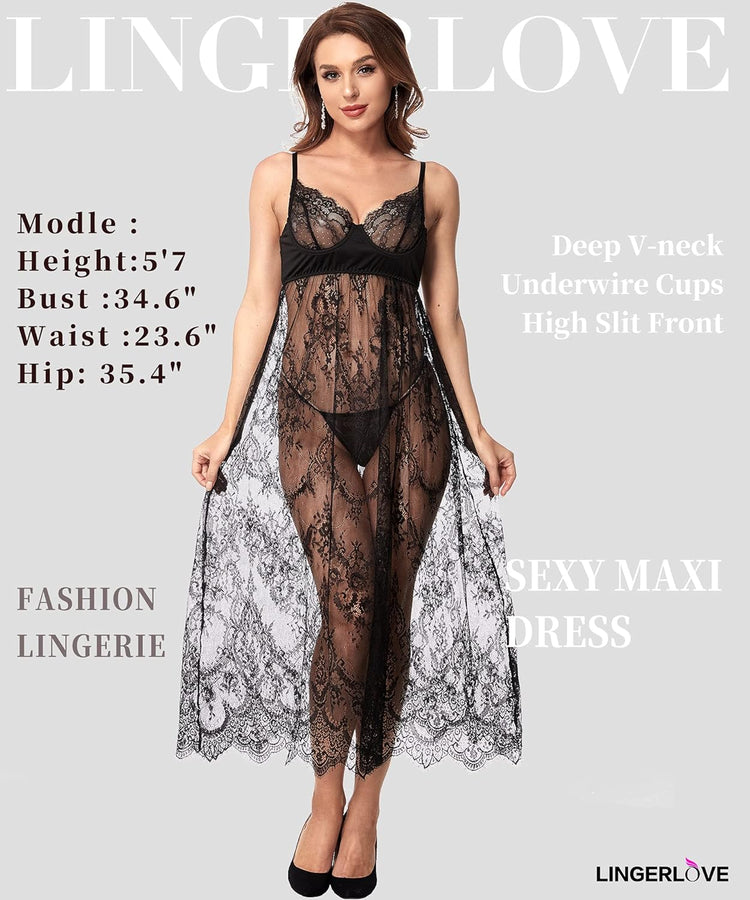 Women Sexy Lingerie Lace High Slit Maxi Long Gown Sheer Dress with Underwire S-4XL