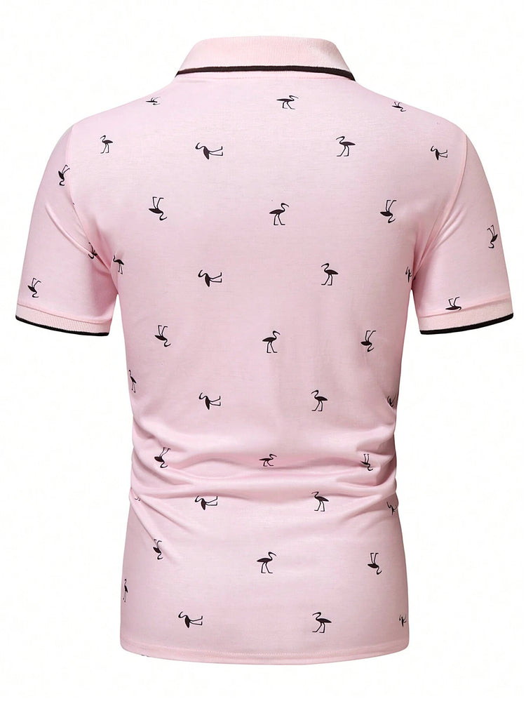 Manfinity Homme Men Tropical Print Contrast Trim Polo Shirt , Button up Collar Light Pink Polo Shirt , Work Business Casual Boyfriend Gift