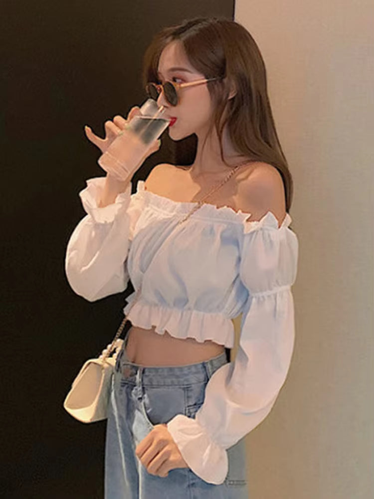 Women Top Sexy Blouse off Shoulder Top Long Sleeve Solid Color White Shirt Puff Sleeve Ruffle Tunic Crop Top Summer Tube Top