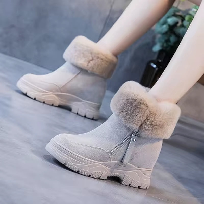 Women Snow Boots Winter Shoes Warm Plush Hidden Heel Ankle Boots for Woman Zip Shoes Genuine Leather Ladies Black Winter Boot