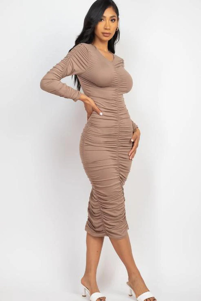 Ruched Long Sleeve Midi Dress (CAPELLA)