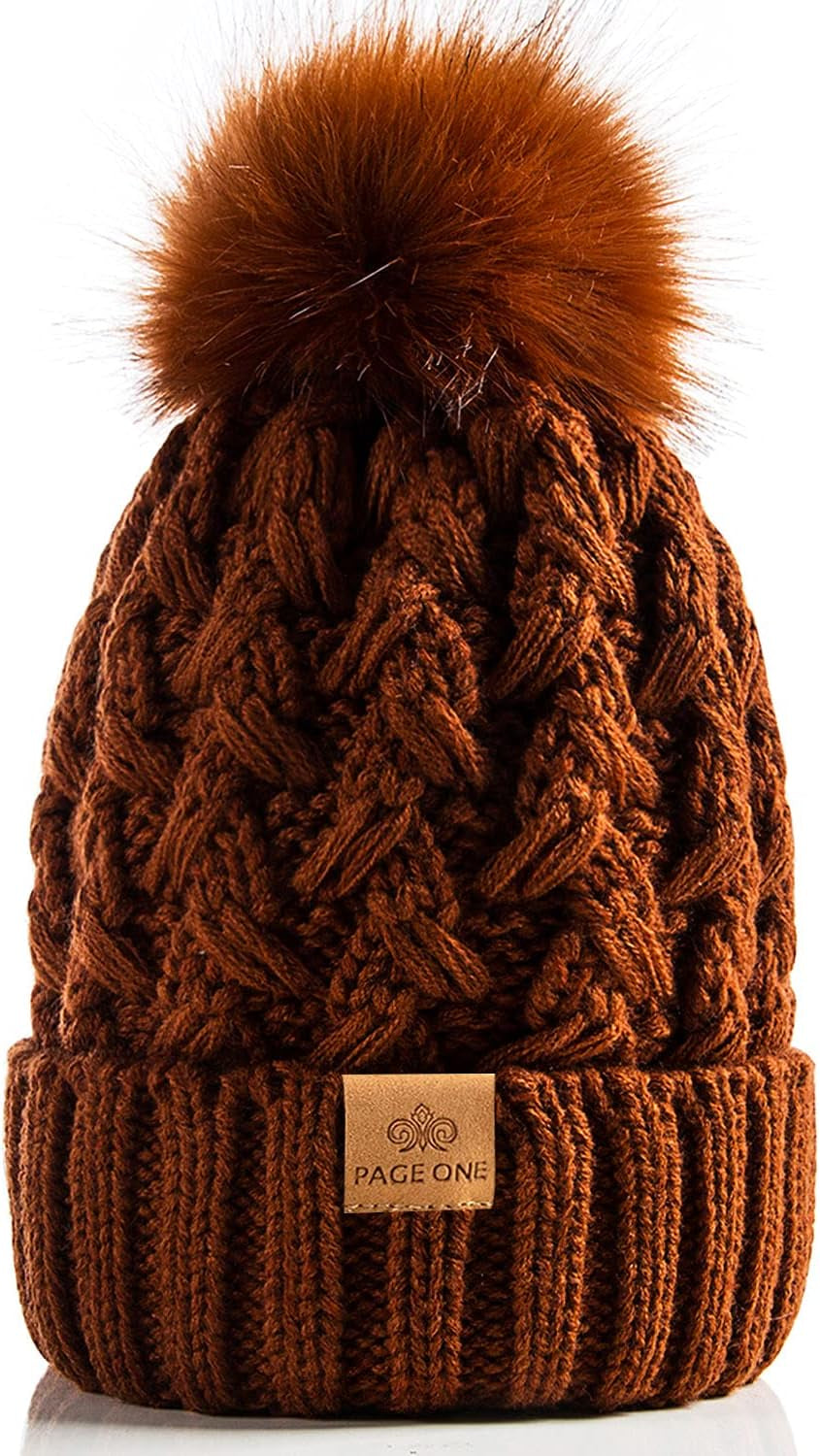 Womens Winter Ribbed Beanie Crossed Cap Chunky Cable Knit Pompom Soft Warm Hat