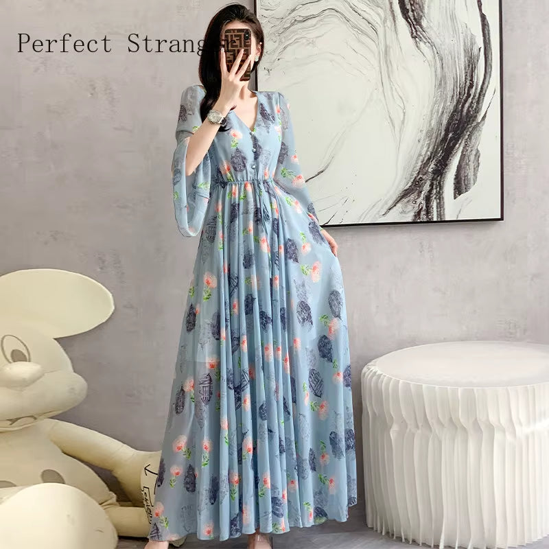 2024 New Arrives Long Sleeve Floral Print Dress Boho Dresses Large Size Women Beach Party Garden Maxi Dress Vestidos Hot Selling