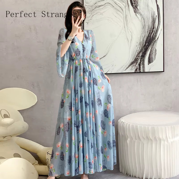 2024 New Arrives Long Sleeve Floral Print Dress Boho Dresses Large Size Women Beach Party Garden Maxi Dress Vestidos Hot Selling