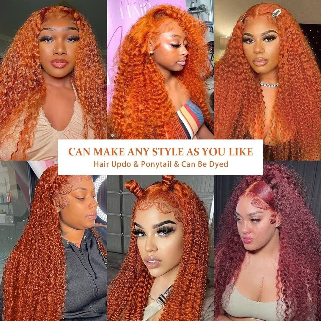 Ginger Orange Deep Wave Wigs Human Hair Colored 13X4 HD Curly Lace Frontal Wig.