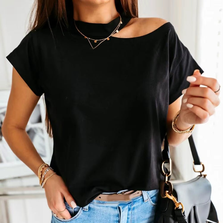 Hot Women Casual T-Shirt Short Sleeve One Shoulder Mock Neck Halter Loose Top Shoulder Mock Neck Halter Loose Tshirts Top