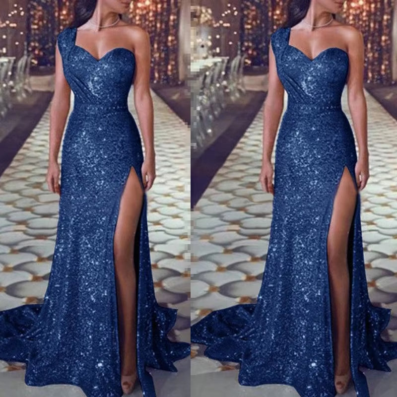 Wedding Party Dress Female Evening Elegant Sexy Deep V Neck One Shoulder Sleeveless Sequined Long Maxi Dresses for Women 2023