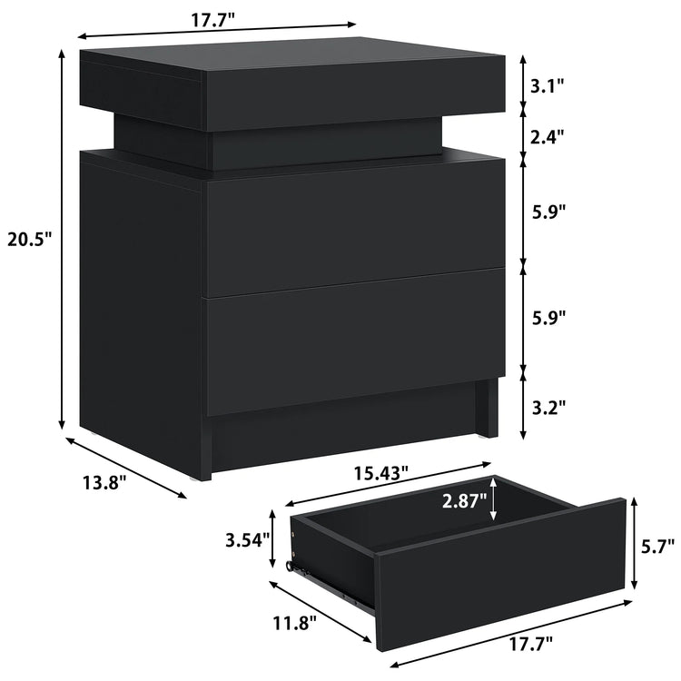 High Gloss LED Nightstand Set of 2 Black Bedside Table with 2 Drawers Modern Night Stand with Drawer Side Table Cabinet with Led Night Stands for Bedroom Side Table for Bed Home Furniture.