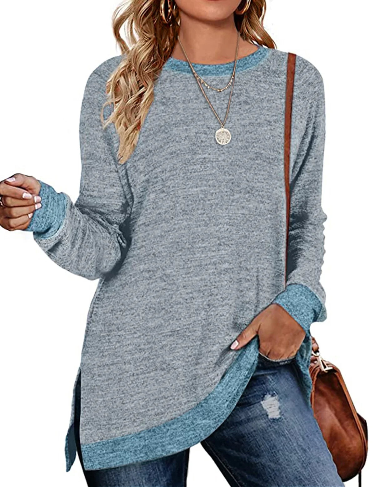 Sweatshirt for Women Long Sleeve Shirts Tunic Tops Color Block Crewneck Sweatshirts Side Split