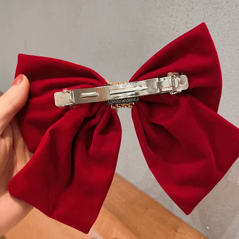 Winter Red Velvet Chain Big Bow Barrette for Woman Girls Back Head Headdress Korean Top Clip Hairpin Bridal Hair Accessories