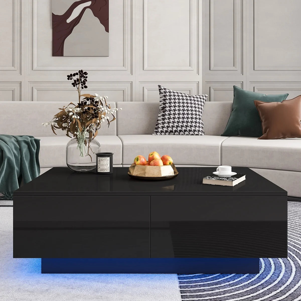 LED Coffee Table with 4 Drawers Center Cocktail Side Table Black High Gloss Finish.