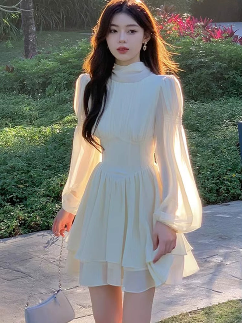 Women French White Chiffon Dresses Summer Elegant Sleeve Slim Puff Sleeve Bodycon Gentle Fairy Short Dress